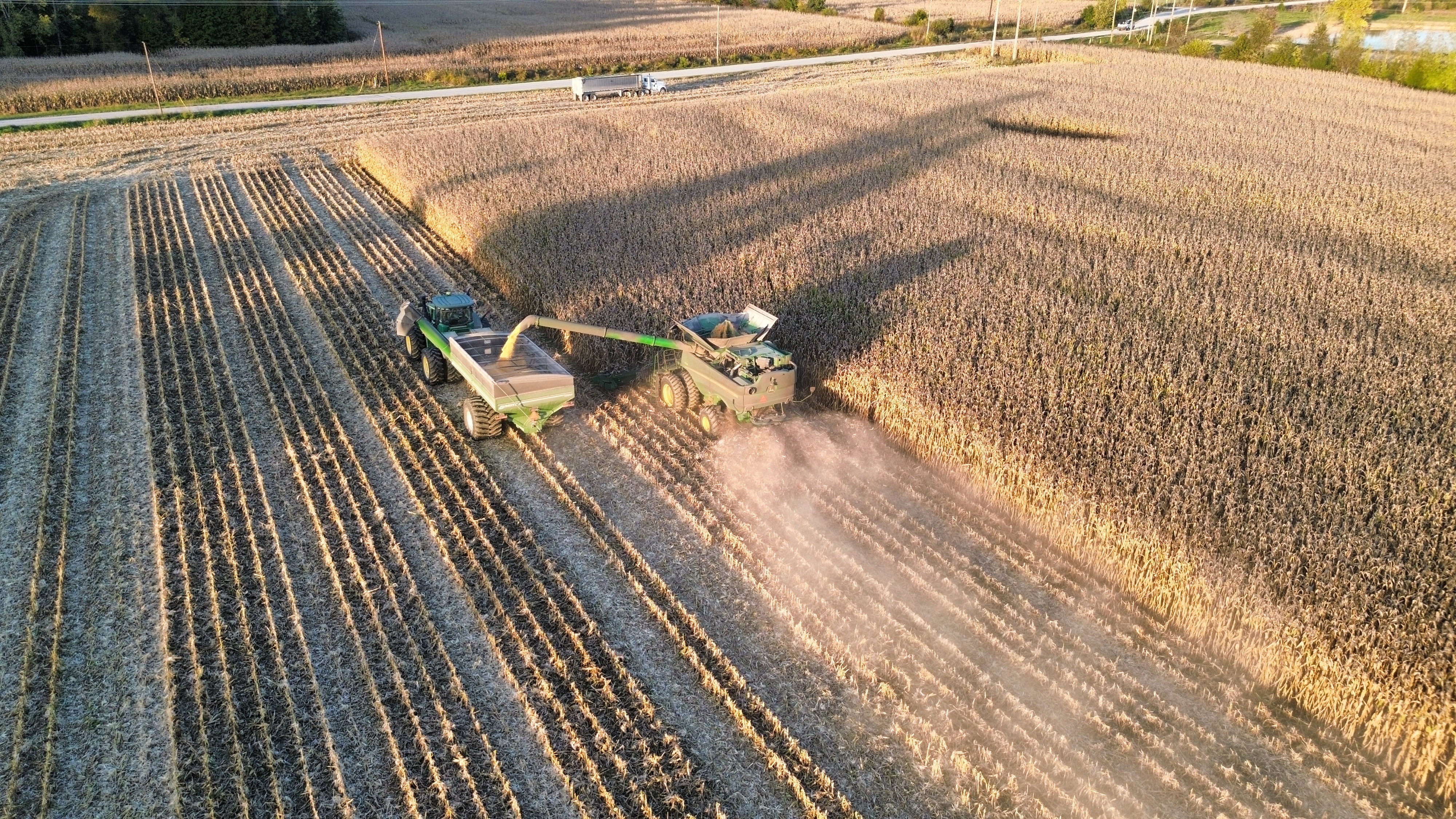 combine and wagon in field